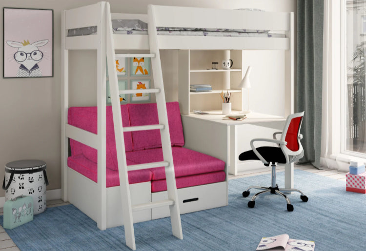 Estella High Sleeper Loft Bed | Corner Sofa Bed, Desk & Shelves | Ladder Left or Right