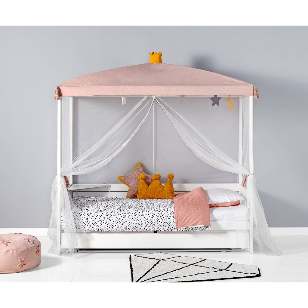 Princess Four Poster Bed with Canopy against wall