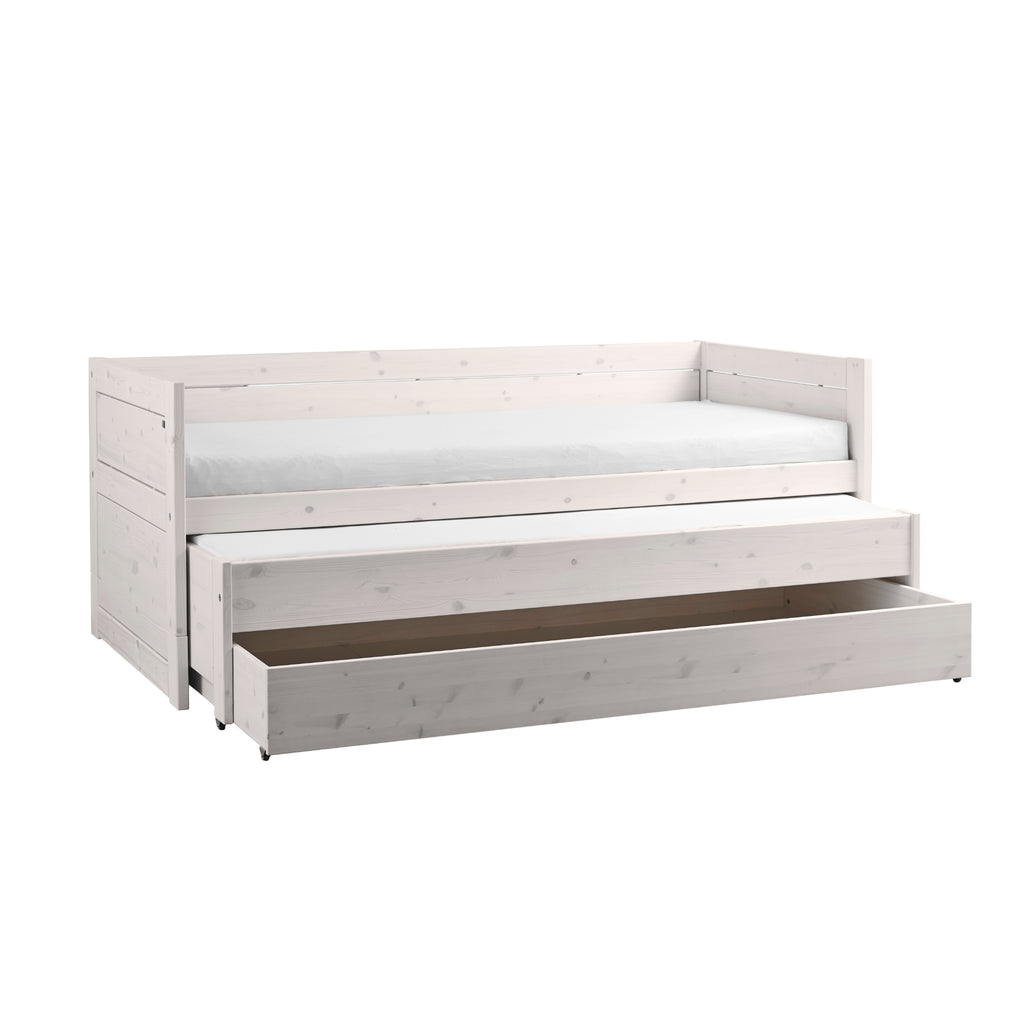 Cabin Bed with Guest Bed Trundle & Storage Drawer, whitewash, drawers open