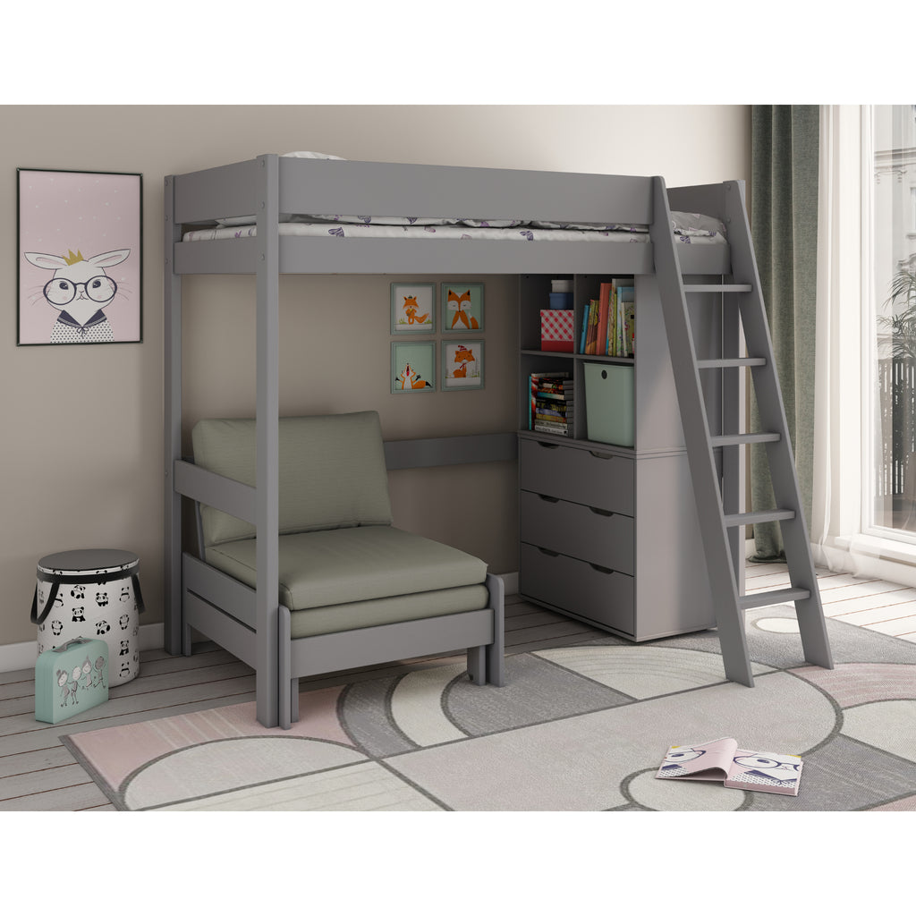 A gray high sleeper bed with a sofabed, placed in a child's room, accompanied by a chest with drawers and cube storage units.