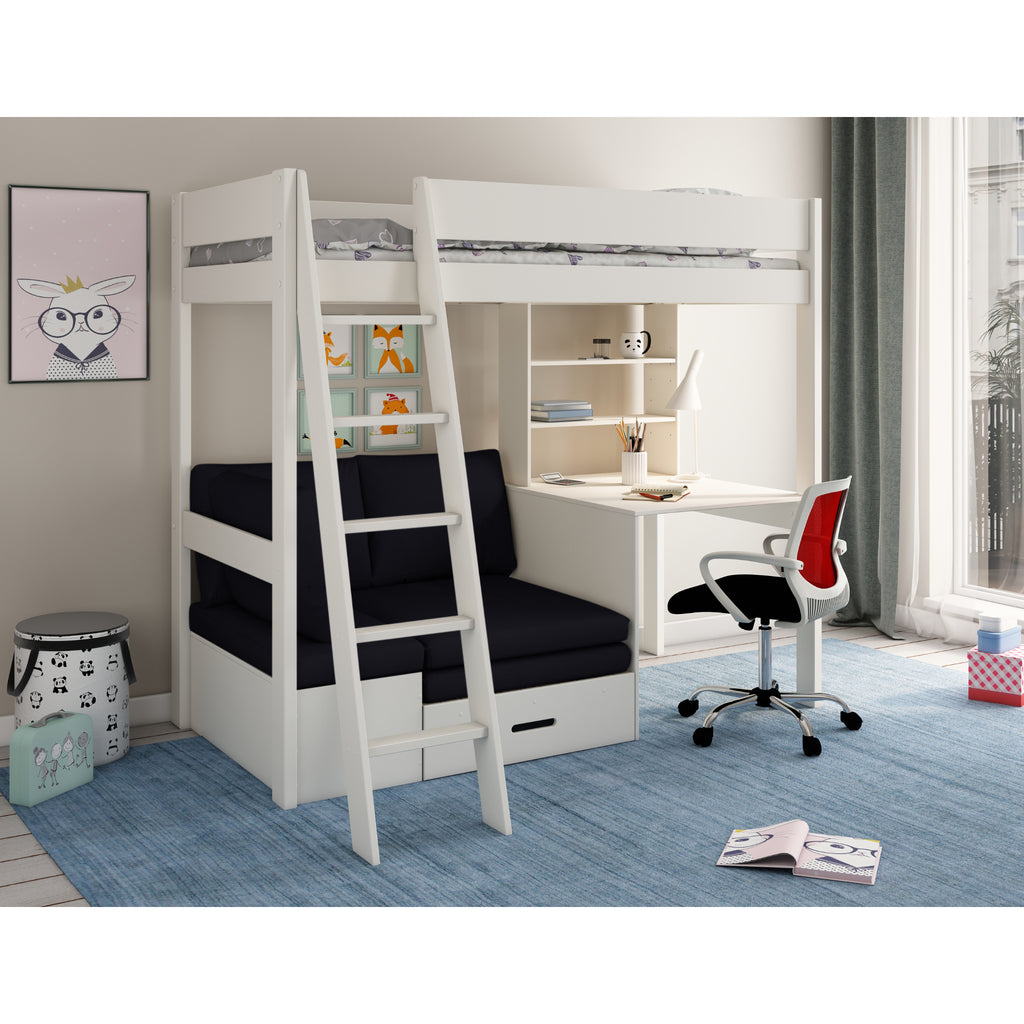 Estella Highsleeper with Corner Sofabed, Desk & Shelving in White with black cushions