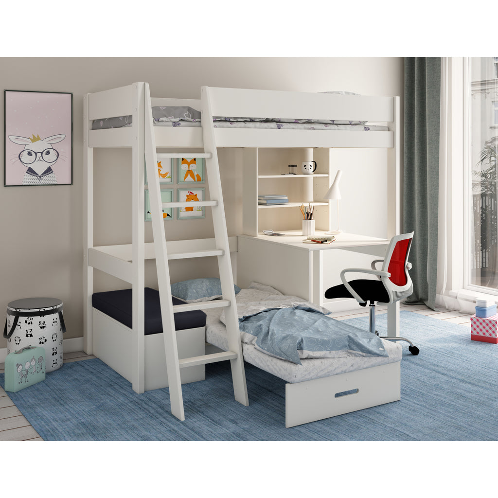 Estella Highsleeper with Corner Sofabed, Desk & Shelving in White with black cushions, bed extended