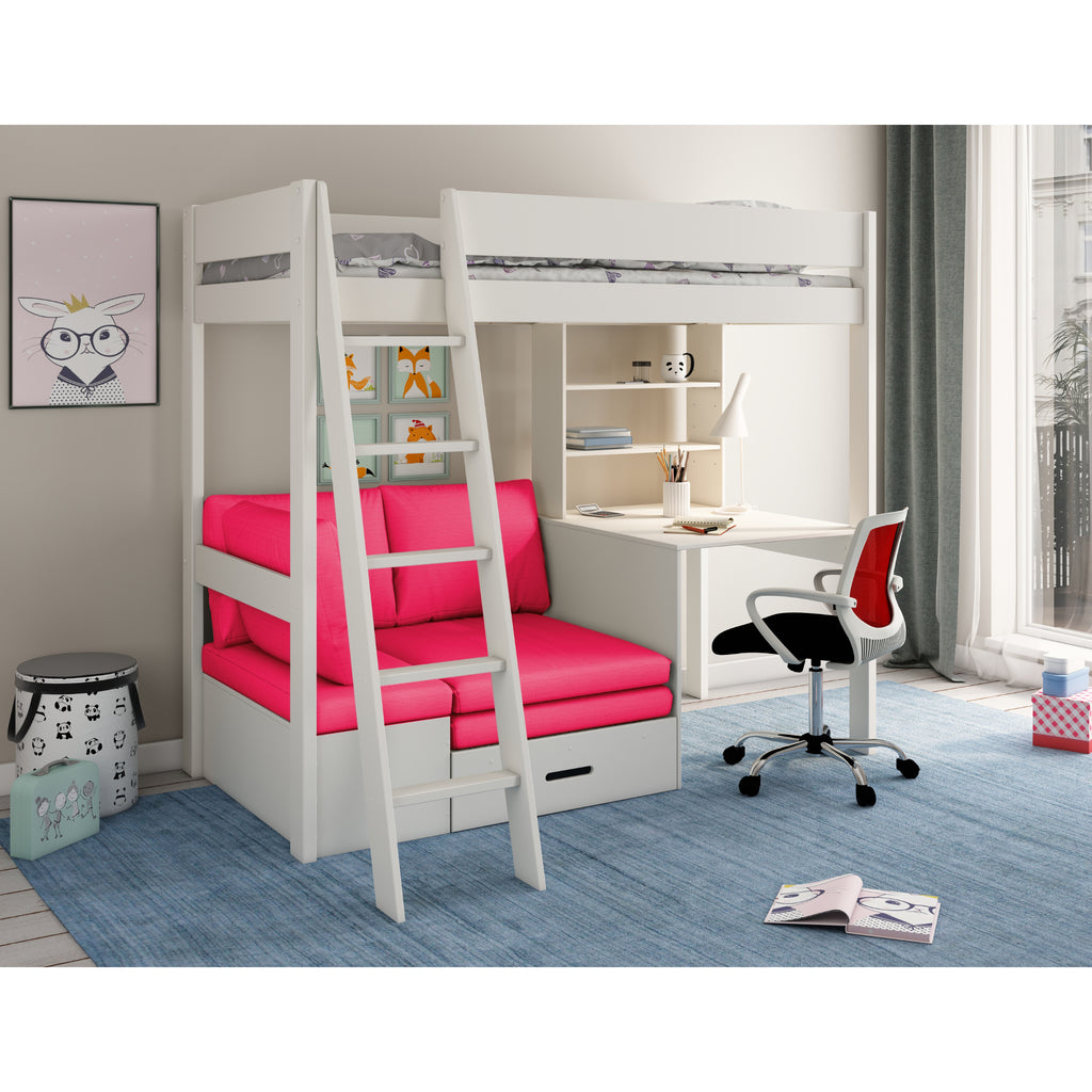 Estella Highsleeper with Corner Sofabed, Desk & Shelving in White with pink cushions