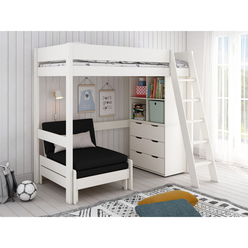 White loft bed with black mattress in a room with wooden walls and a window.