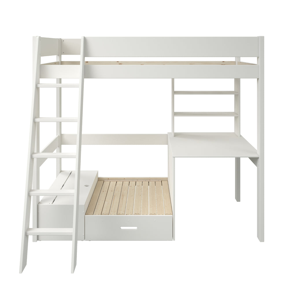 Estella Highsleeper with Corner Sofabed, Desk & Shelving in White, on white