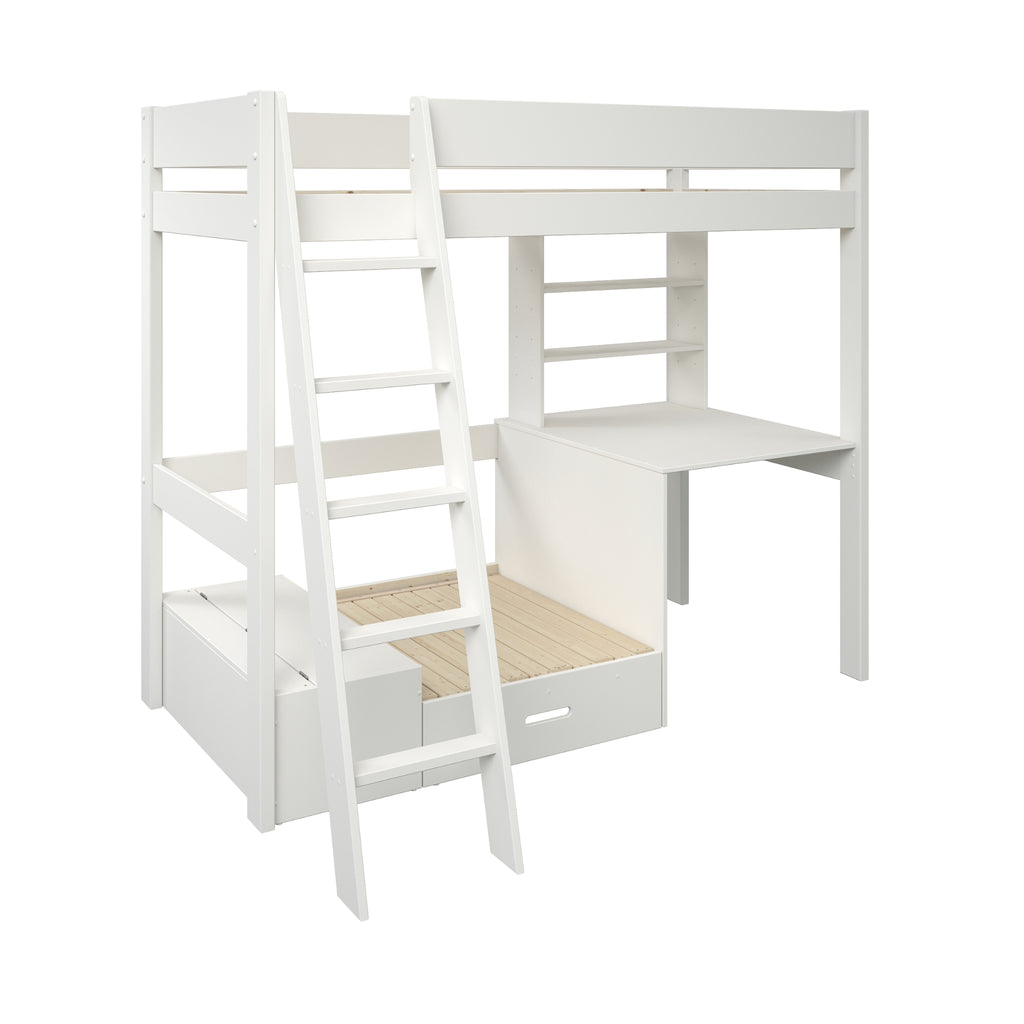 Estella Highsleeper with Corner Sofabed, Desk & Shelving in White, on white, angle view