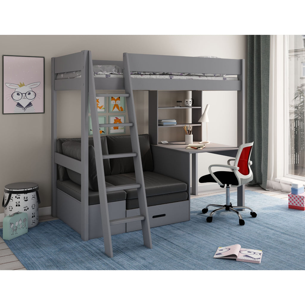 Grey loft bed with desk and chair in a room with blue carpet and window.