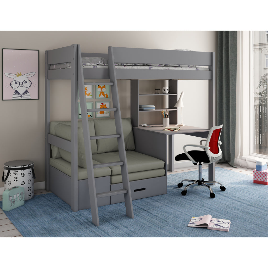 Grey loft bed with desk and chair in a room setting