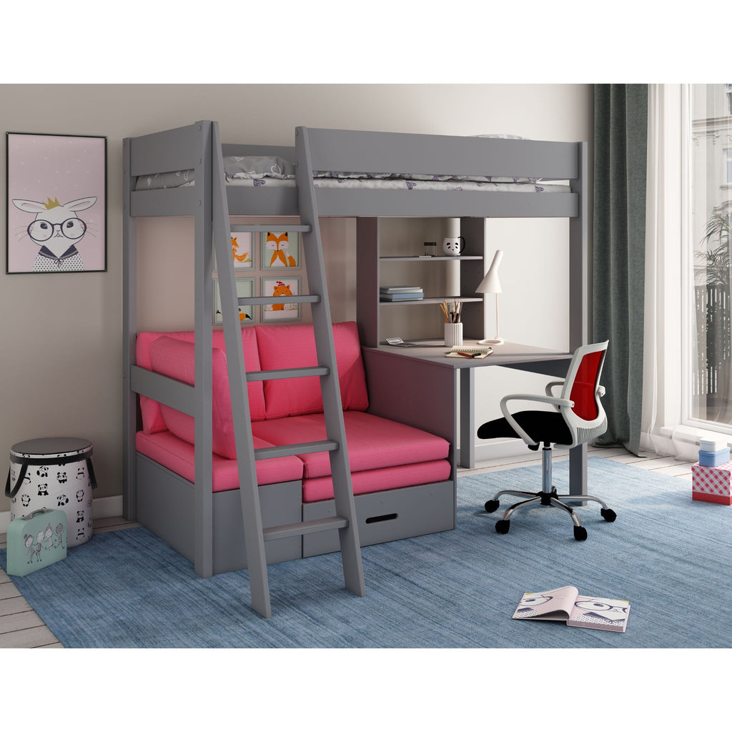 Grey bunk bed with pink cushion, desk, and chair in a room setting.