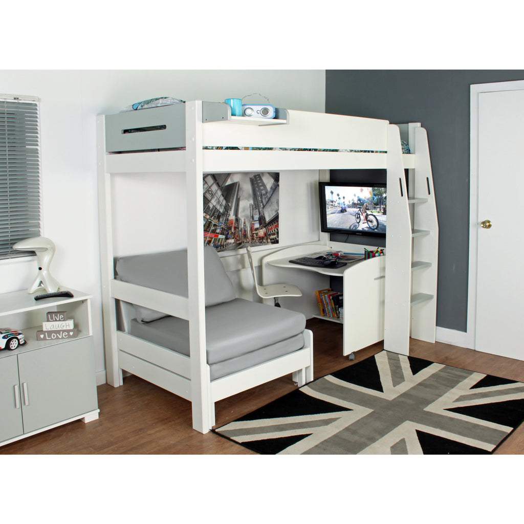 Urban Highsleeper with Desk & Chair Bed in white & grey, 
