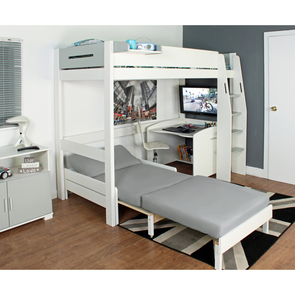 Urban Highsleeper with Desk & Chair Bed in white & grey, bed extended