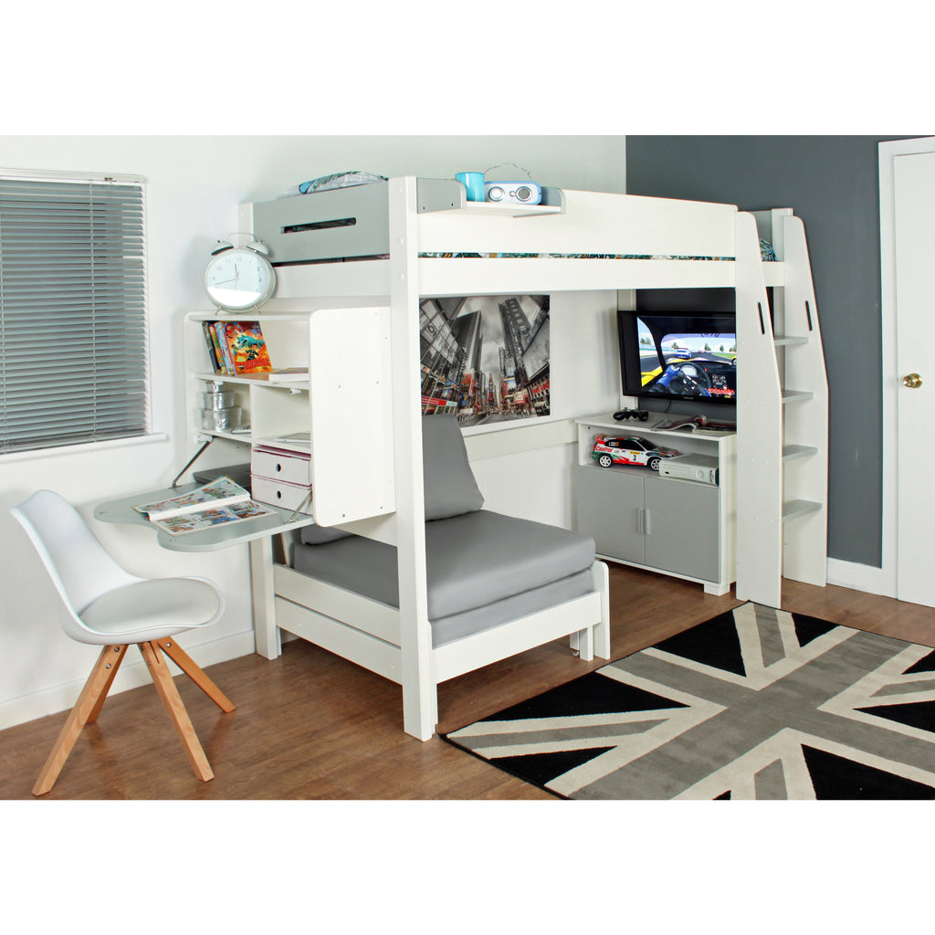 Urban Highsleeper with Desk, Shelves, Chair Bed & Cupboard, white & grey, desk extended