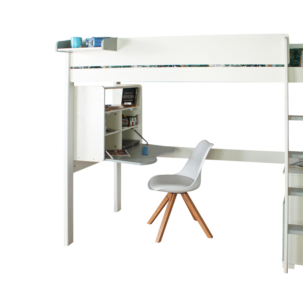 Urban Highsleeper with Desk, Shelves, Chair Bed & Cupboard, white & grey, desk arranged in the interior