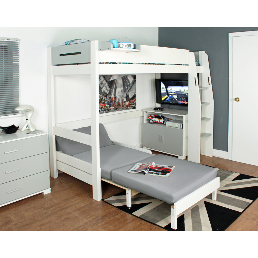 Urban Highsleeper with Chair Bed & Cupboard, white & grey, chair bed extended