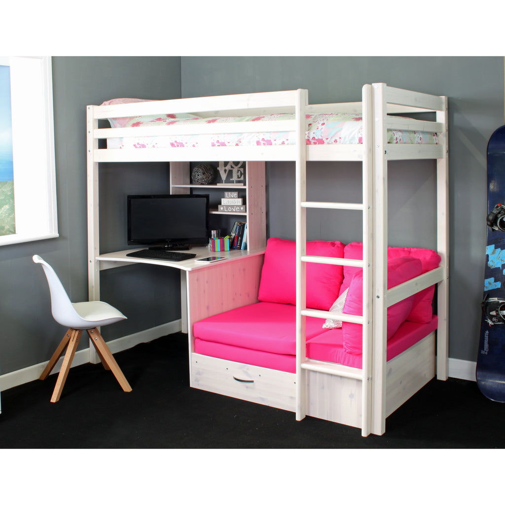 Thuka Hit Highsleeper with Sofabed, Desk & Shelving, with pink cushions, bed extended