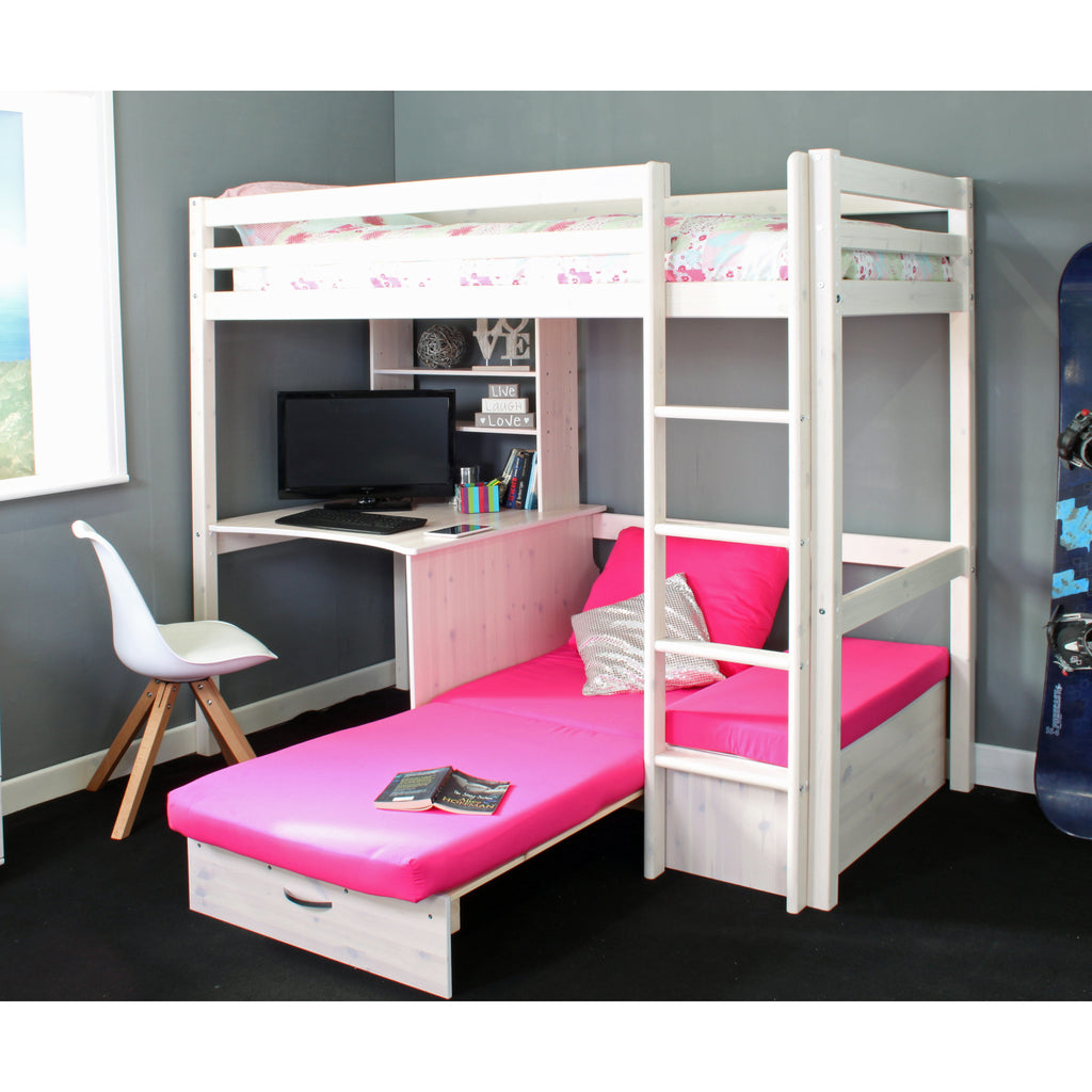 Thuka Hit Highsleeper with Sofabed, Desk & Shelving, with pink cushions