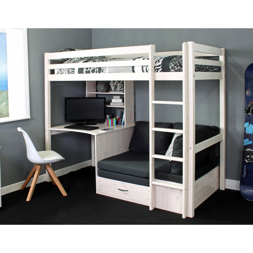 Thuka Hit Highsleeper with Sofabed, Desk & Shelving, with black cushions