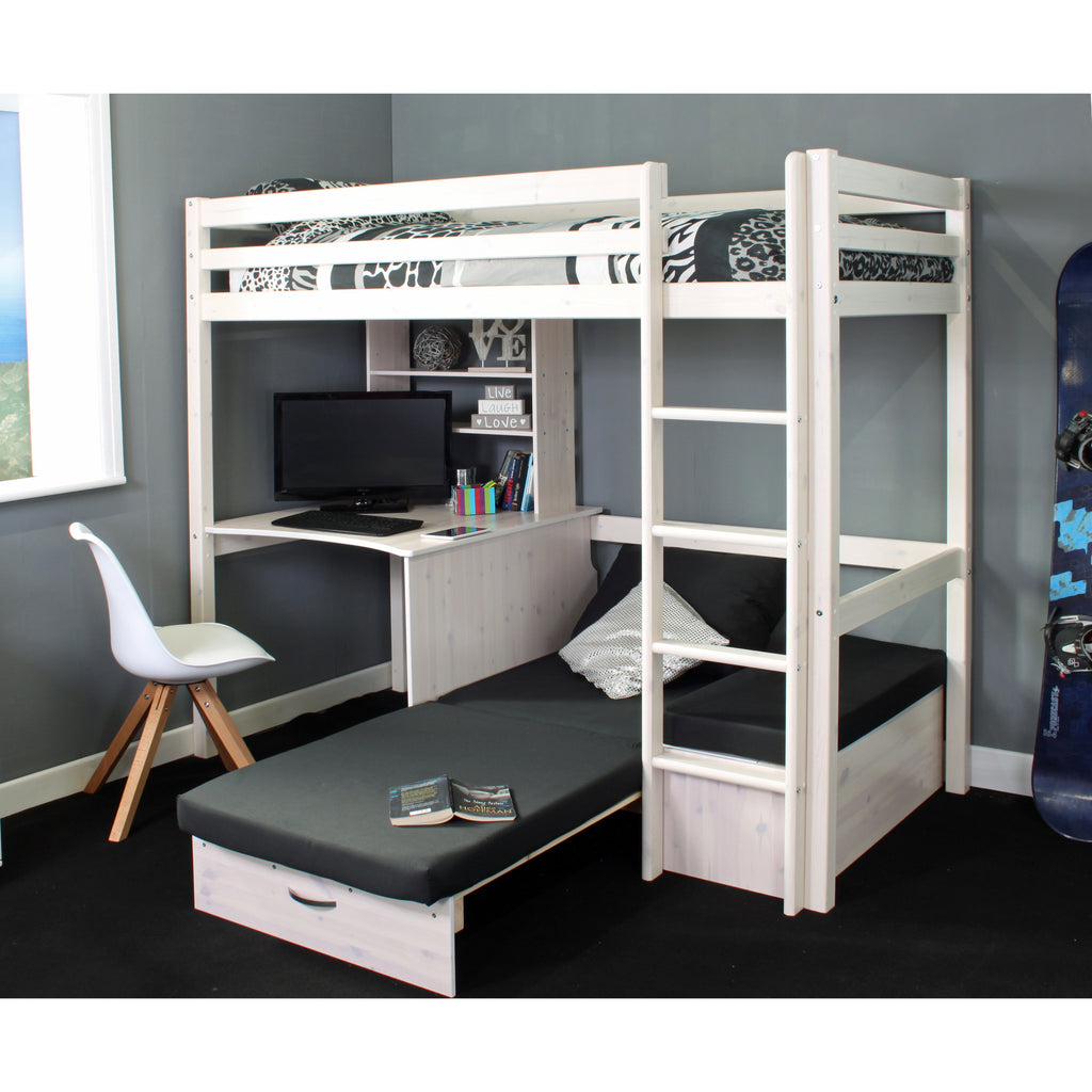 Thuka Hit Highsleeper with Sofabed, Desk & Shelving, with black cushions, bed extended