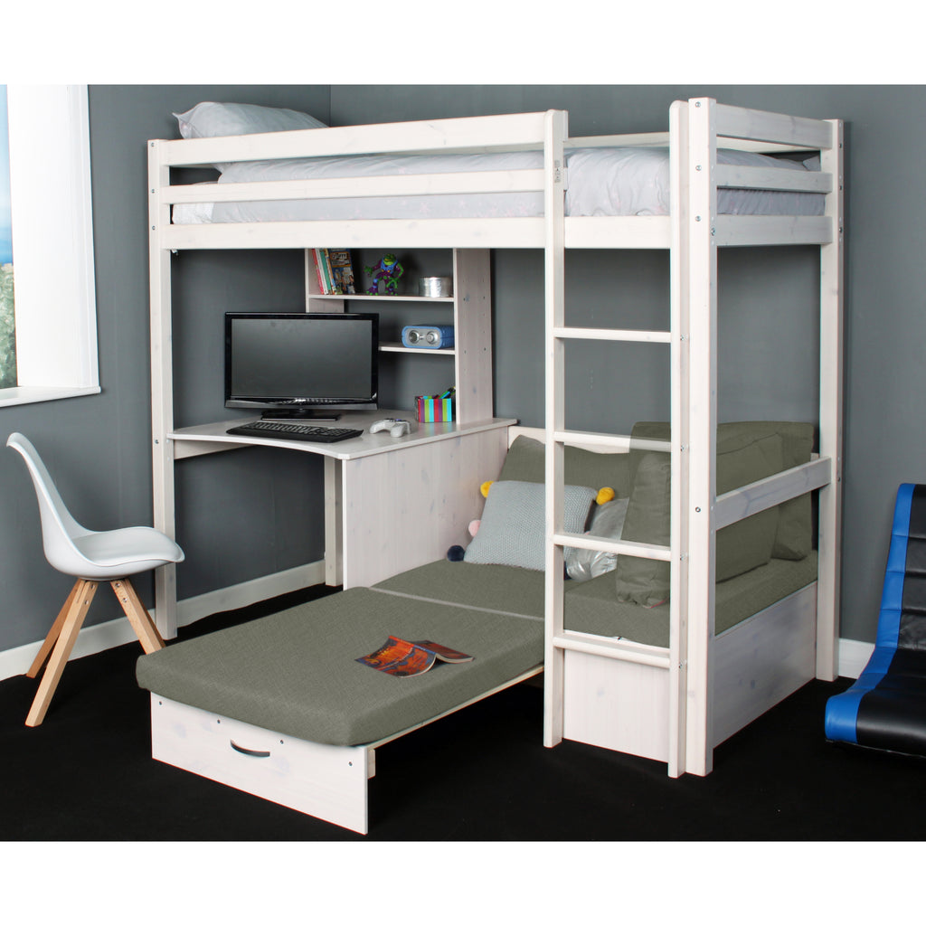 Thuka Hit Highsleeper with Sofabed, Desk & Shelving, with silver cushions, bed extended