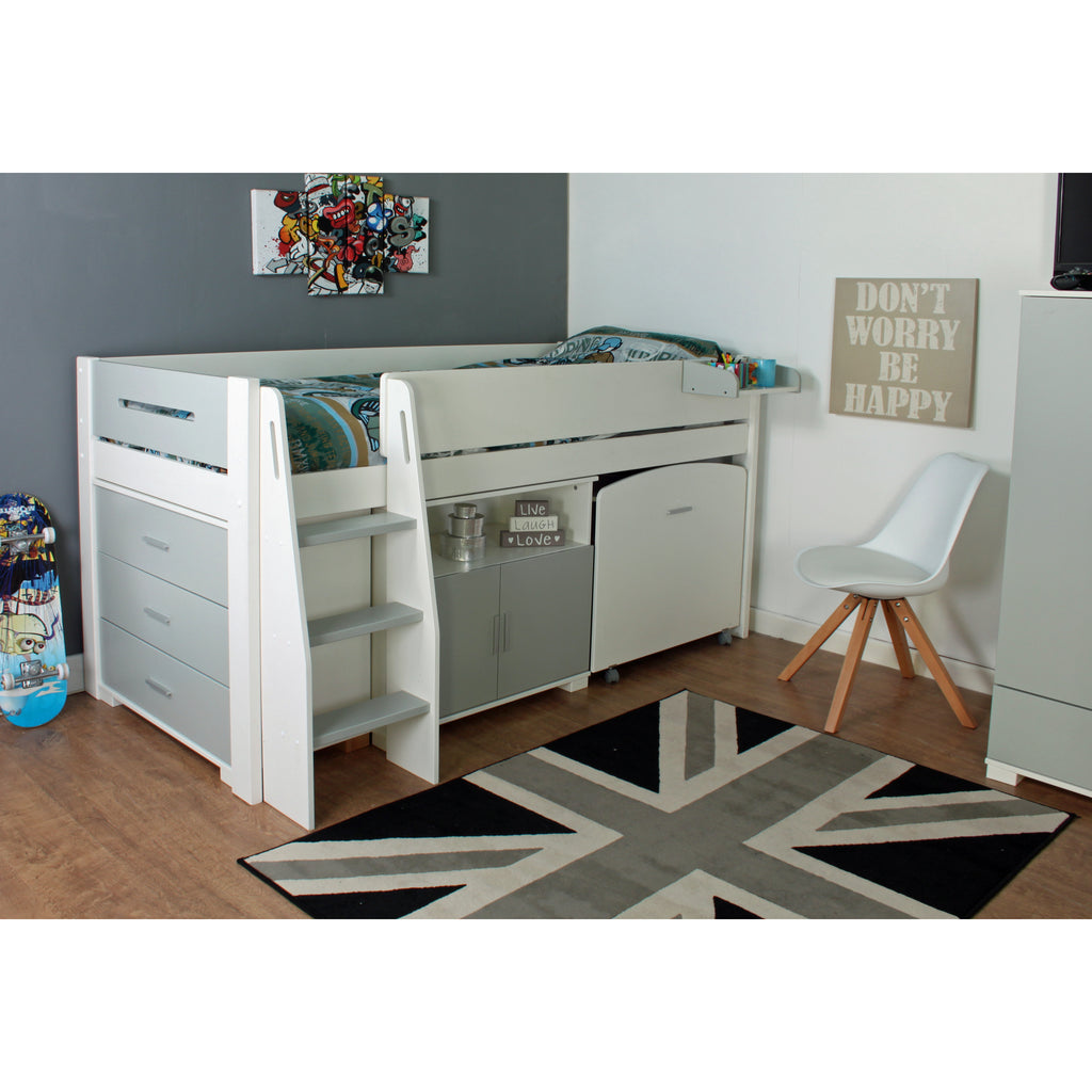 Urban Midsleeper with Desk, Chest of Drawers & Cupboard, white & grey