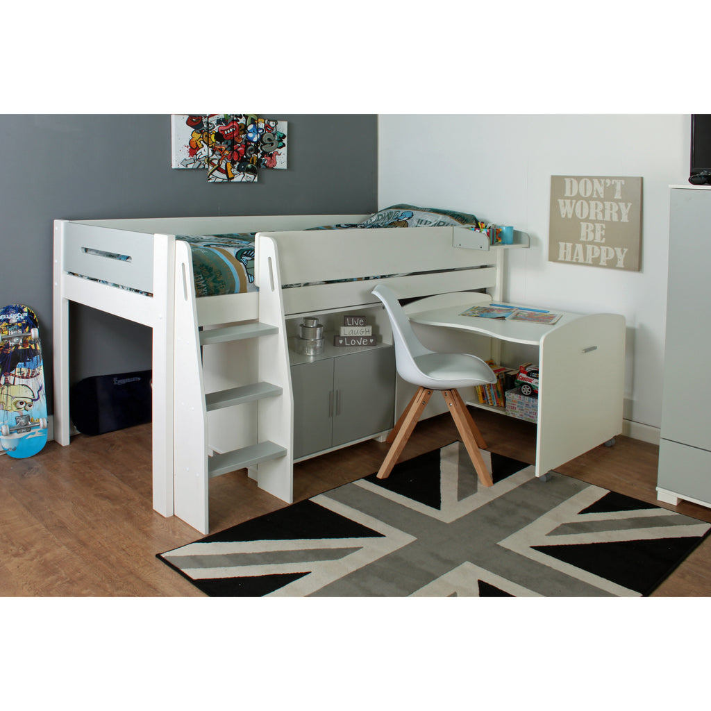 Urban Midsleeper with Desk & Cupboard, White & grey, desk extended