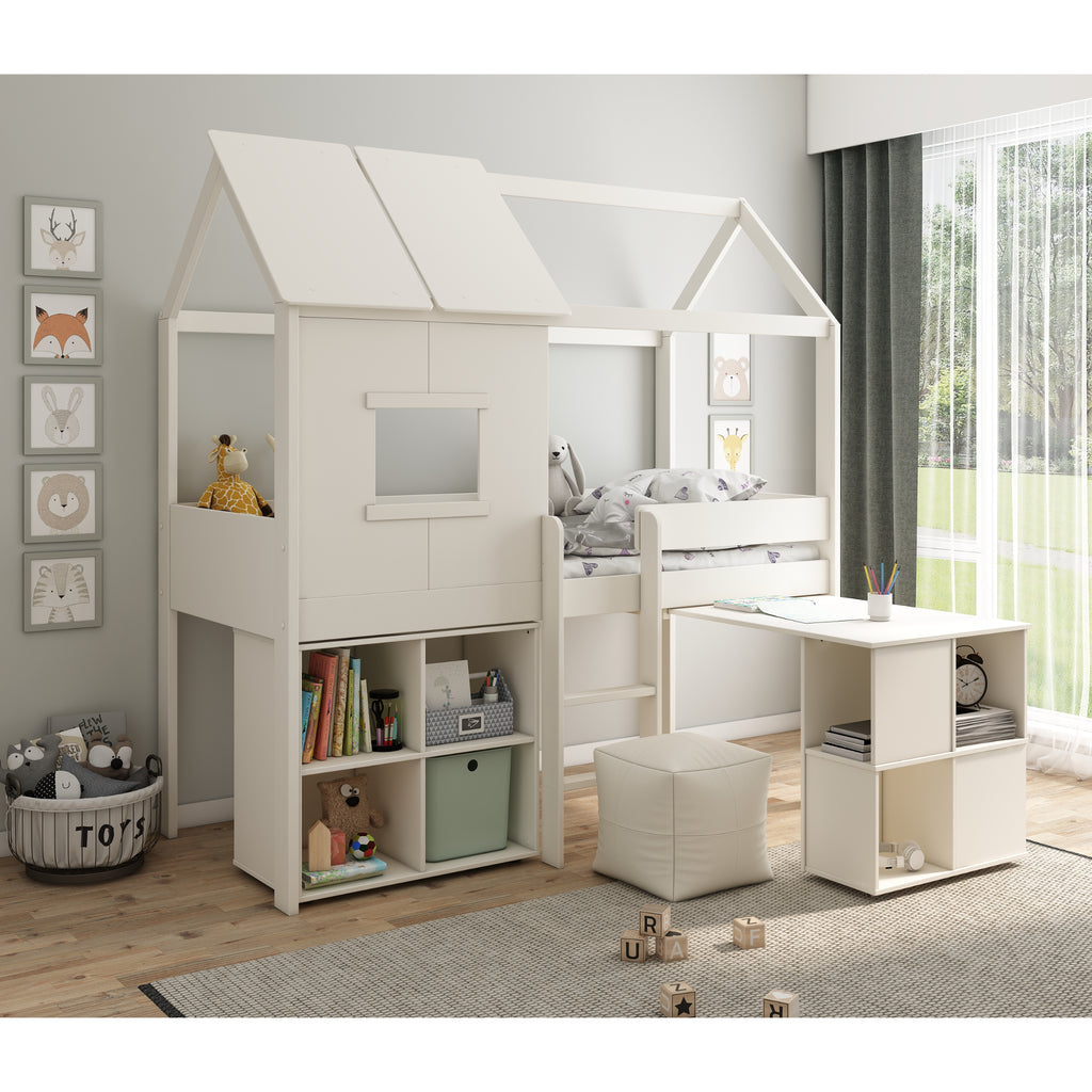 Midi Playhouse Midsleeper with Desk & Cube Storage, desk extended