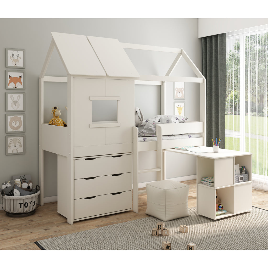 Midi Playhouse Midsleeper with Desk & Chest of Drawers, desk extended