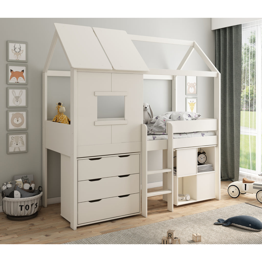 Midi Playhouse Midsleeper with Desk & Chest of Drawers, desk stowed