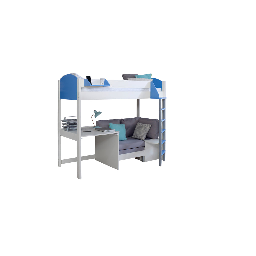 Noah Highsleeper with Desk & Chair Bed white & blue with silver chair on white background