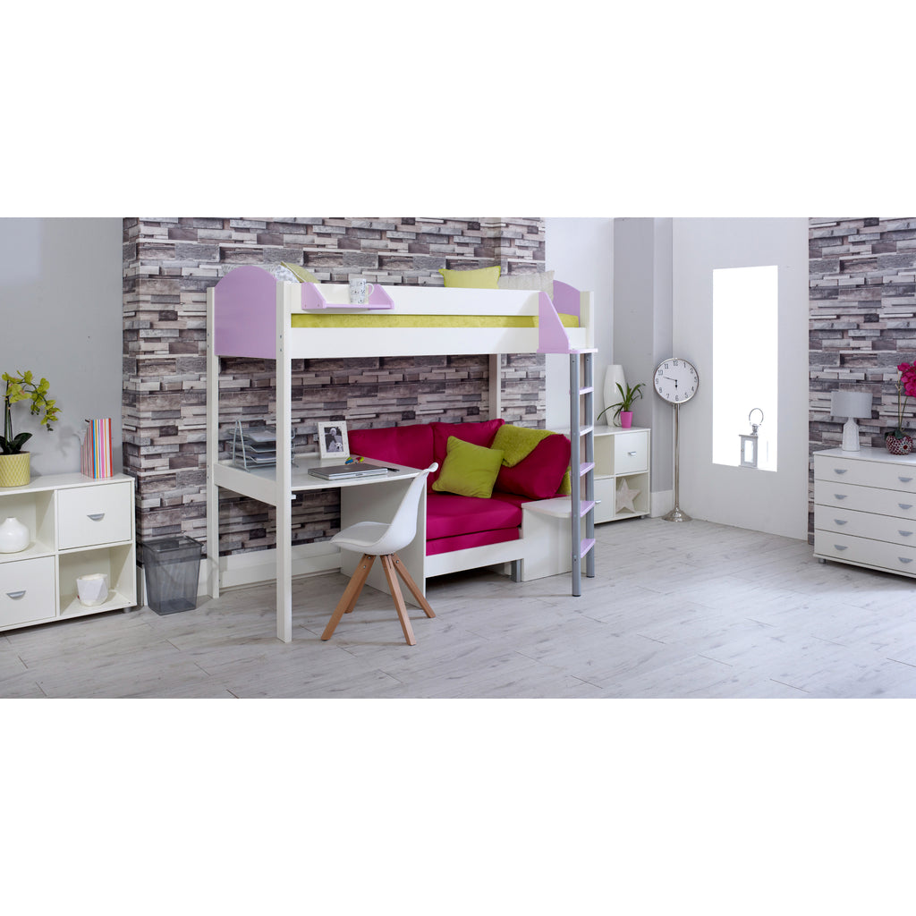 Noah Highsleeper with Desk & Chair Bed white & lilac with pink chair 