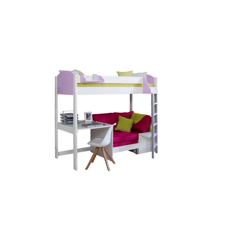 Noah Highsleeper with Desk & Chair Bed white & lilac with pink chair on white background