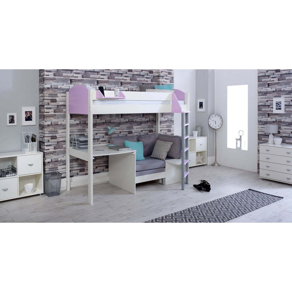 Noah Highsleeper with Desk & Chair Bed white & lilac with silver chair