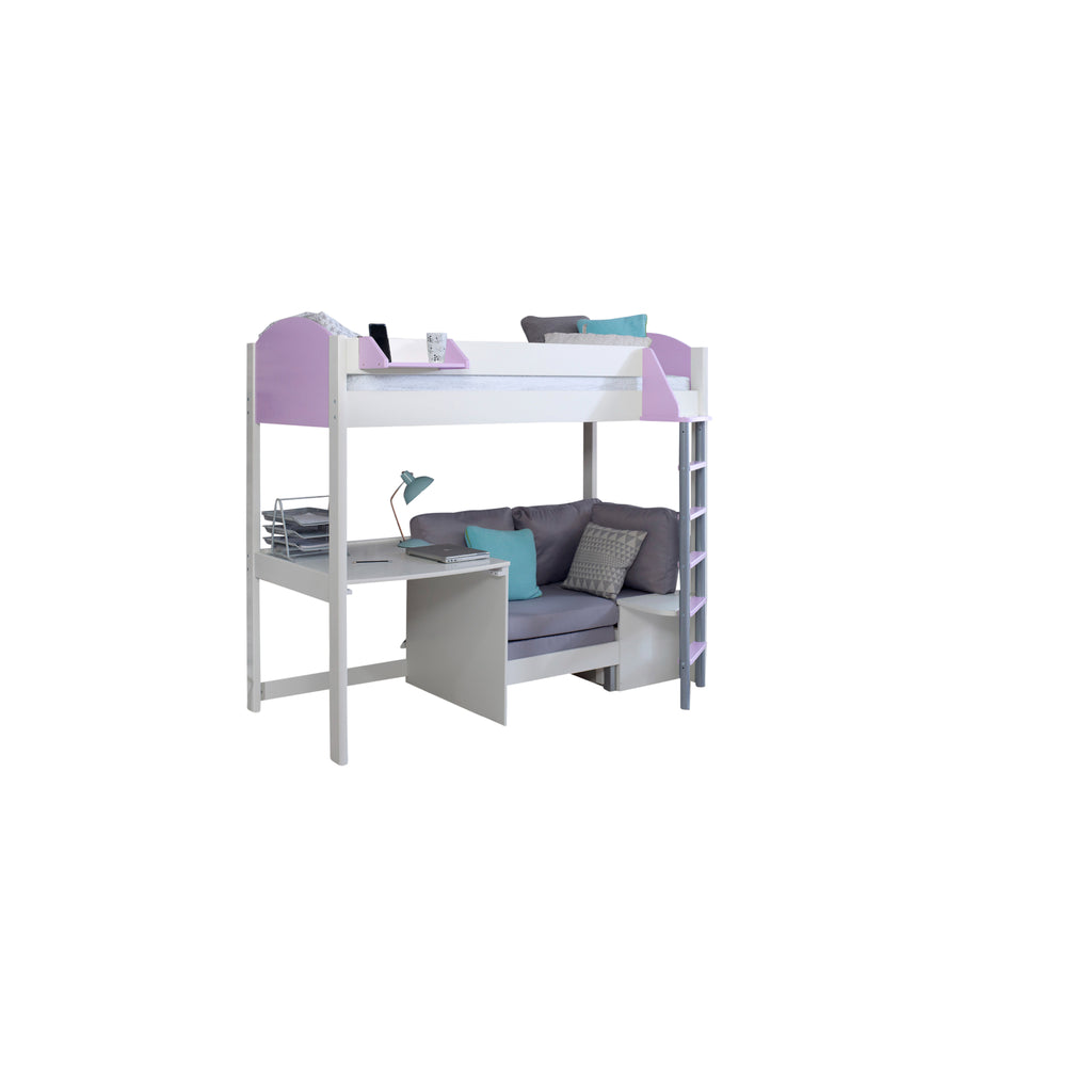 Noah Highsleeper with Desk & Chair Bed white & lilac with silver chair on white background