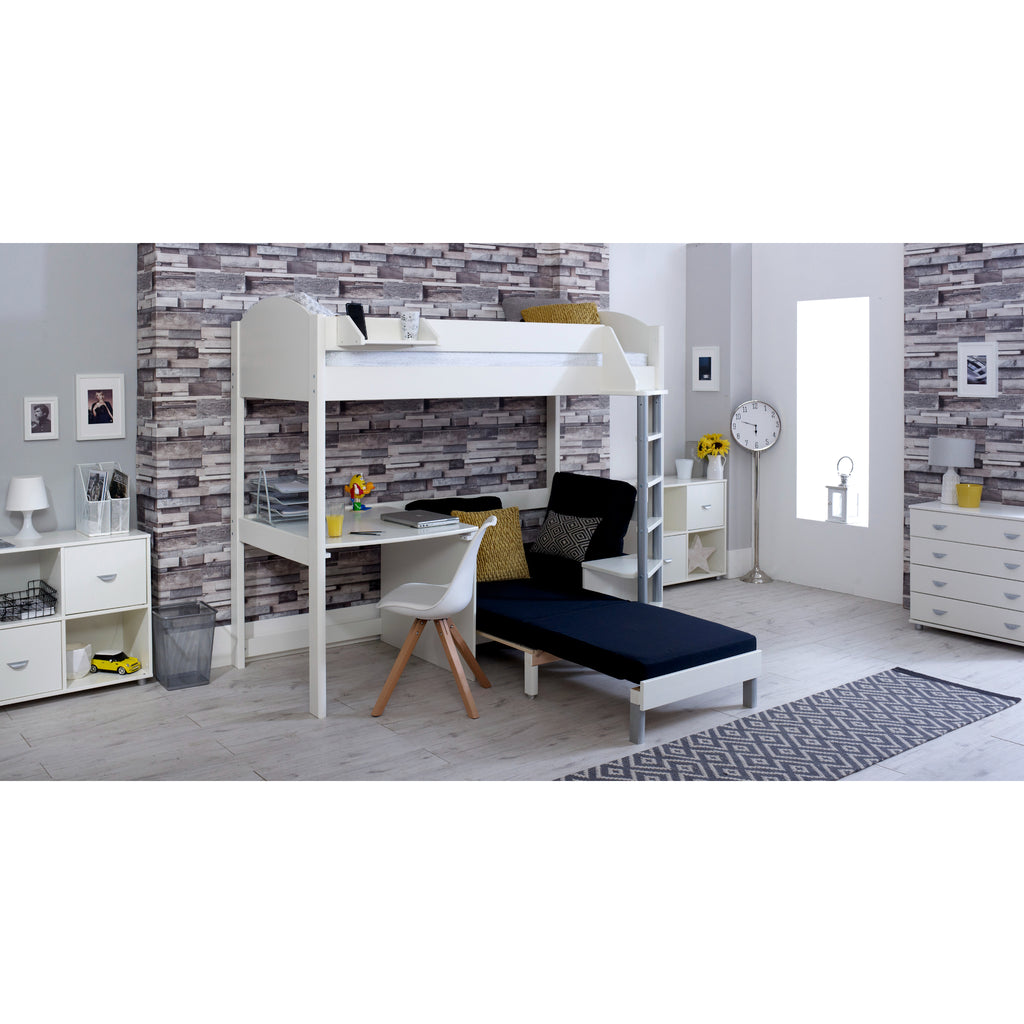 Noah Highsleeper with Desk & Chair Bed white with Black chair, chair extended