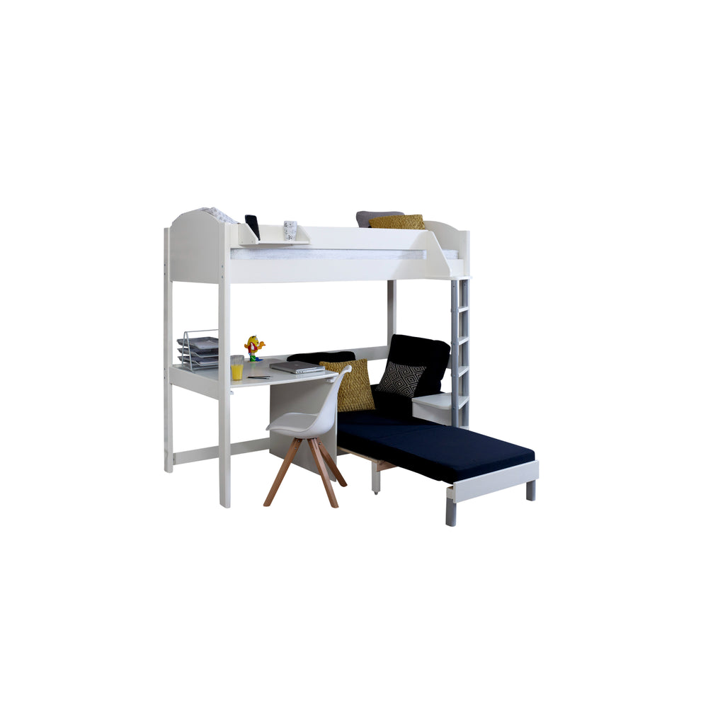 Noah Highsleeper with Desk & Chair Bed white with Black chair with chair extended on white background