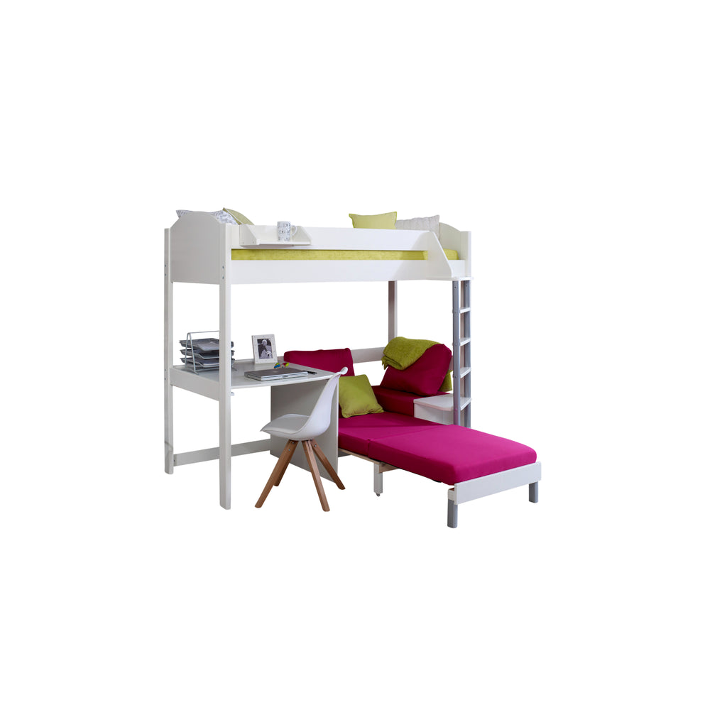 Noah Highsleeper with Desk & Chair Bed white with pink chair, chair extended on white background