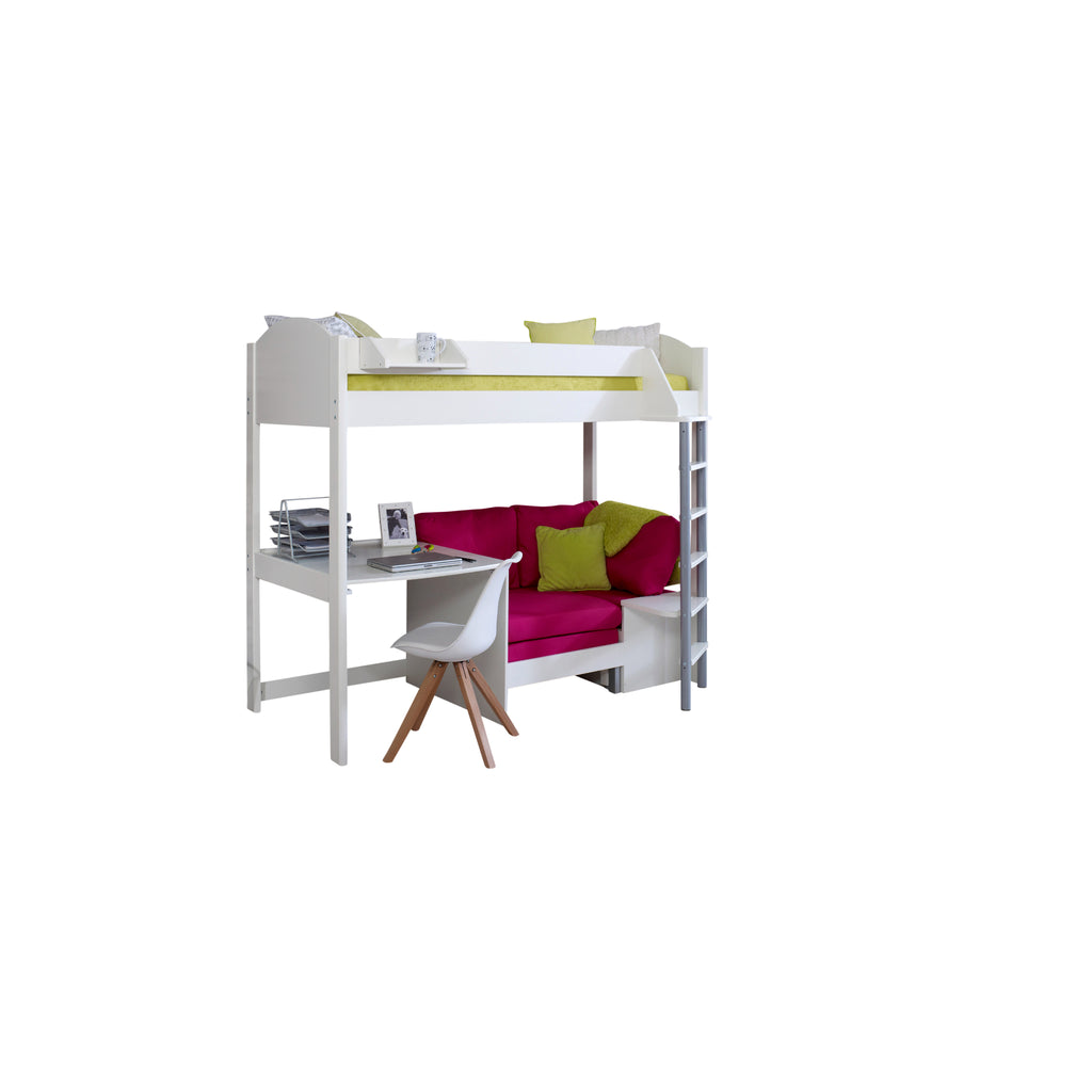 Noah Highsleeper with Desk & Chair Bed white with pink chair on white background