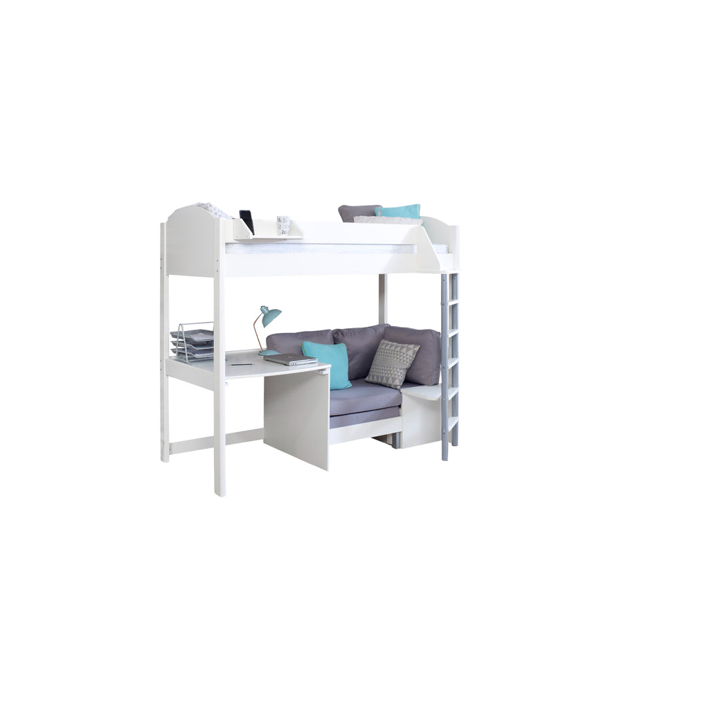 Noah Highsleeper with Desk & Chair Bed white with silver chair on white background