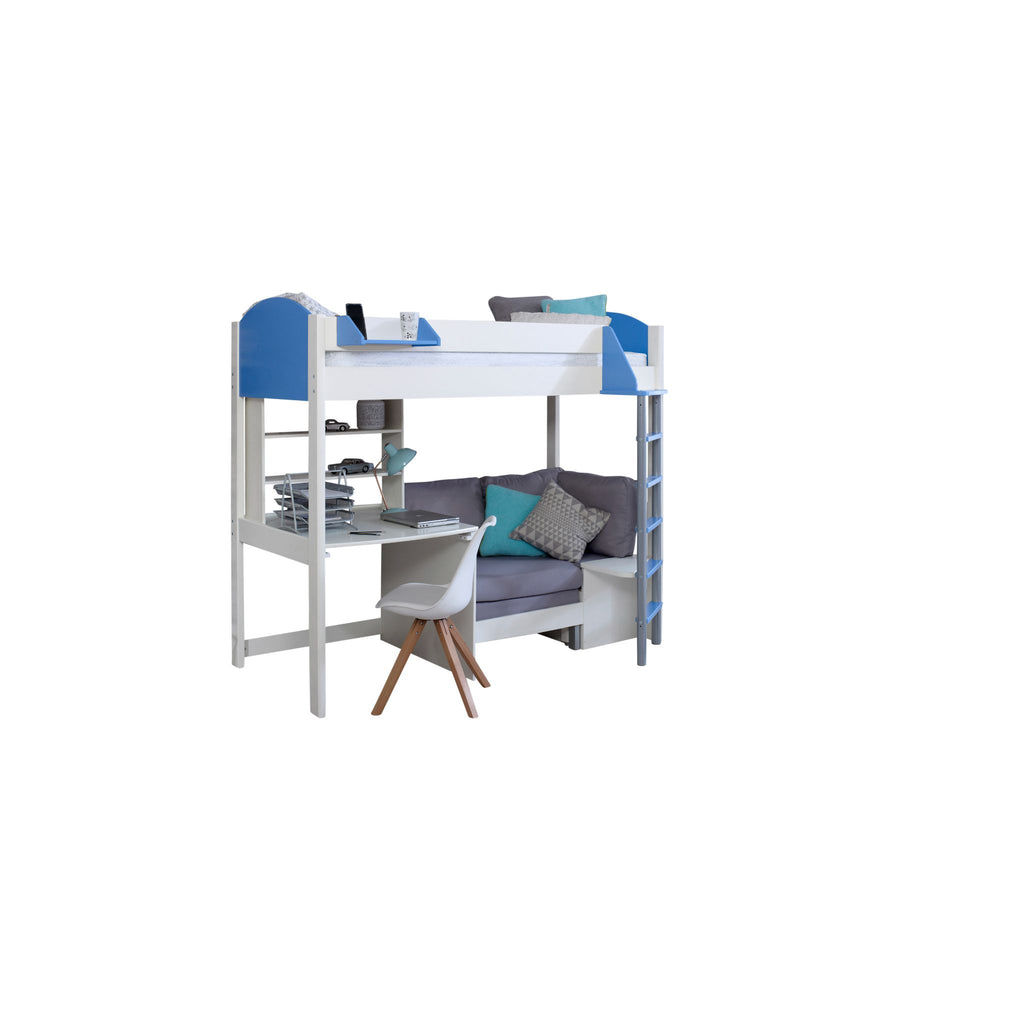 Noah Highsleeper with Desk, Shelves & Chair Bed white & blue with black chair on white background