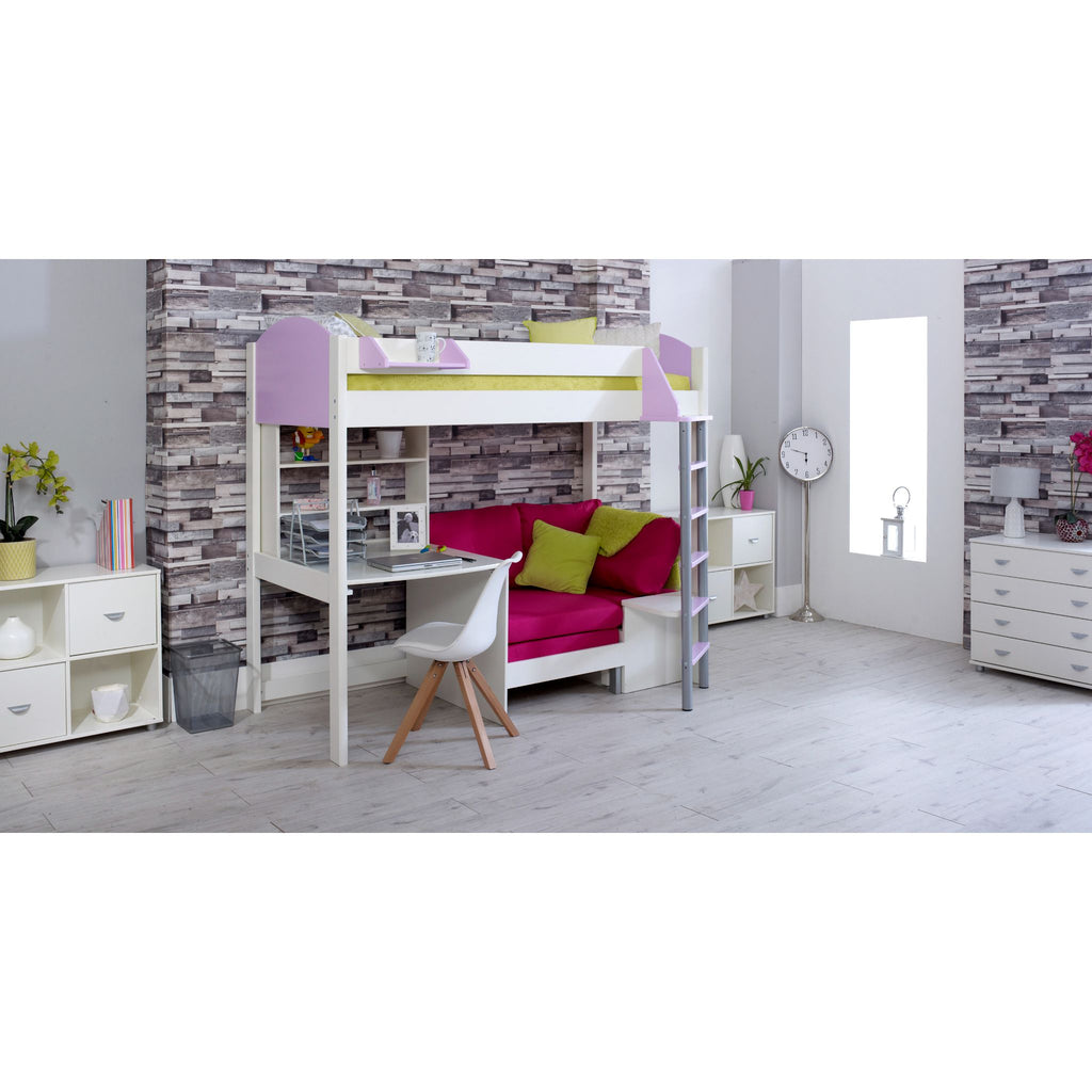 Noah Highsleeper with Desk, Shelves & Chair Bed white & lilac with pink chair