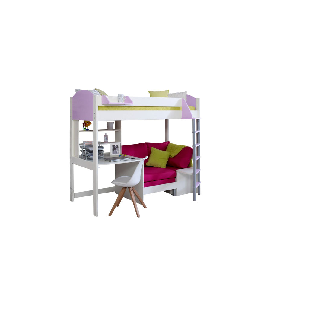 Noah Highsleeper with Desk, Shelves & Chair Bed white & lilac with pink chair on white background
