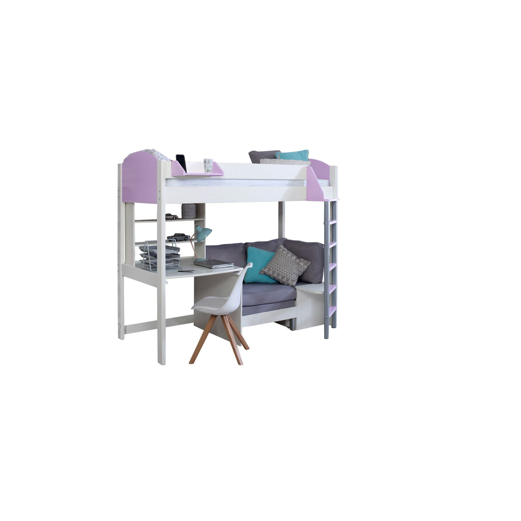 Noah Highsleeper with Desk, Shelves & Chair Bed white & lilac with silver chair white background