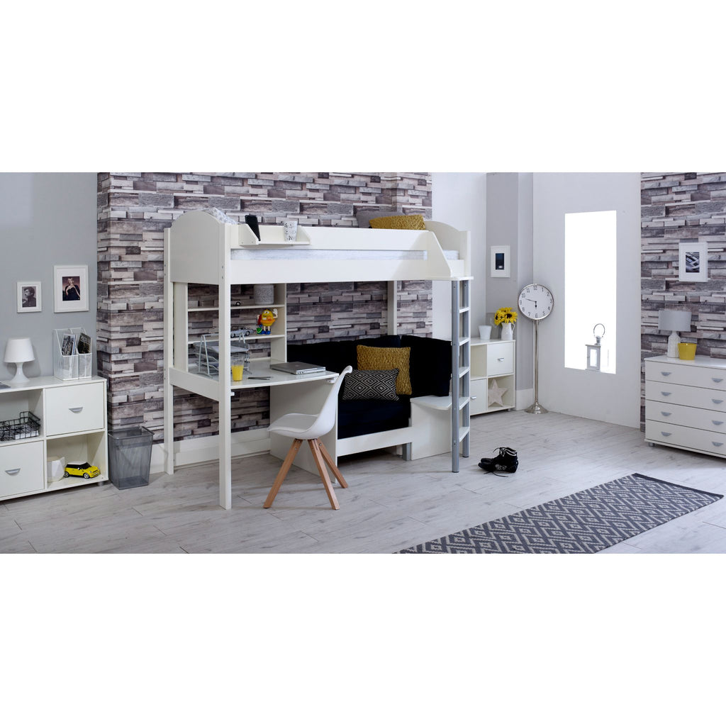 Noah Highsleeper with Desk, Shelves & Chair Bed white with black chair