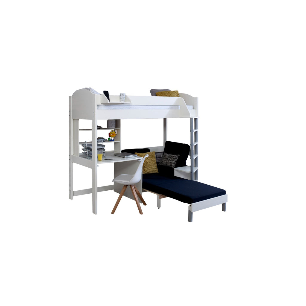 Noah Highsleeper with Desk, Shelves & Chair Bed white with black chair, bed extended on white background