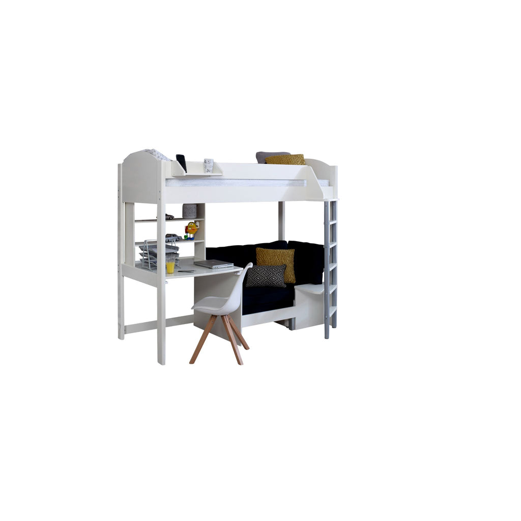 Noah Highsleeper with Desk, Shelves & Chair Bed white with black chair on white background