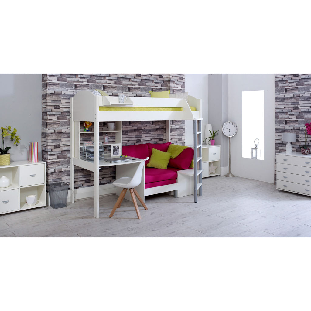 Noah Highsleeper with Desk, Shelves & Chair Bed white with pink chair