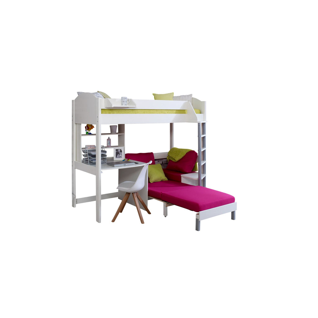 Noah Highsleeper with Desk, Shelves & Chair Bed white with pink chair, bed extended on white background