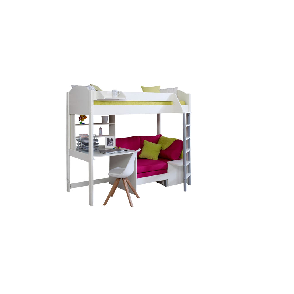 Noah Highsleeper with Desk, Shelves & Chair Bed white with pink chair on white background