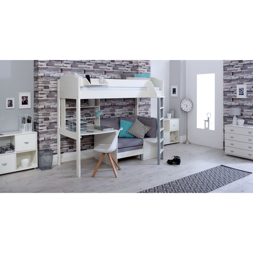 Noah Highsleeper with Desk, Shelves & Chair Bed white with silver chair