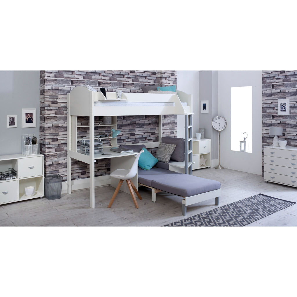 Noah Highsleeper with Desk, Shelves & Chair Bed white with silver chair, bed extended